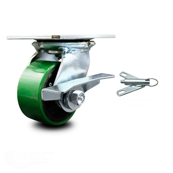 4 Inch Green Poly on Cast Iron Caster with Roller Bearing and Brake/Swivel Lock